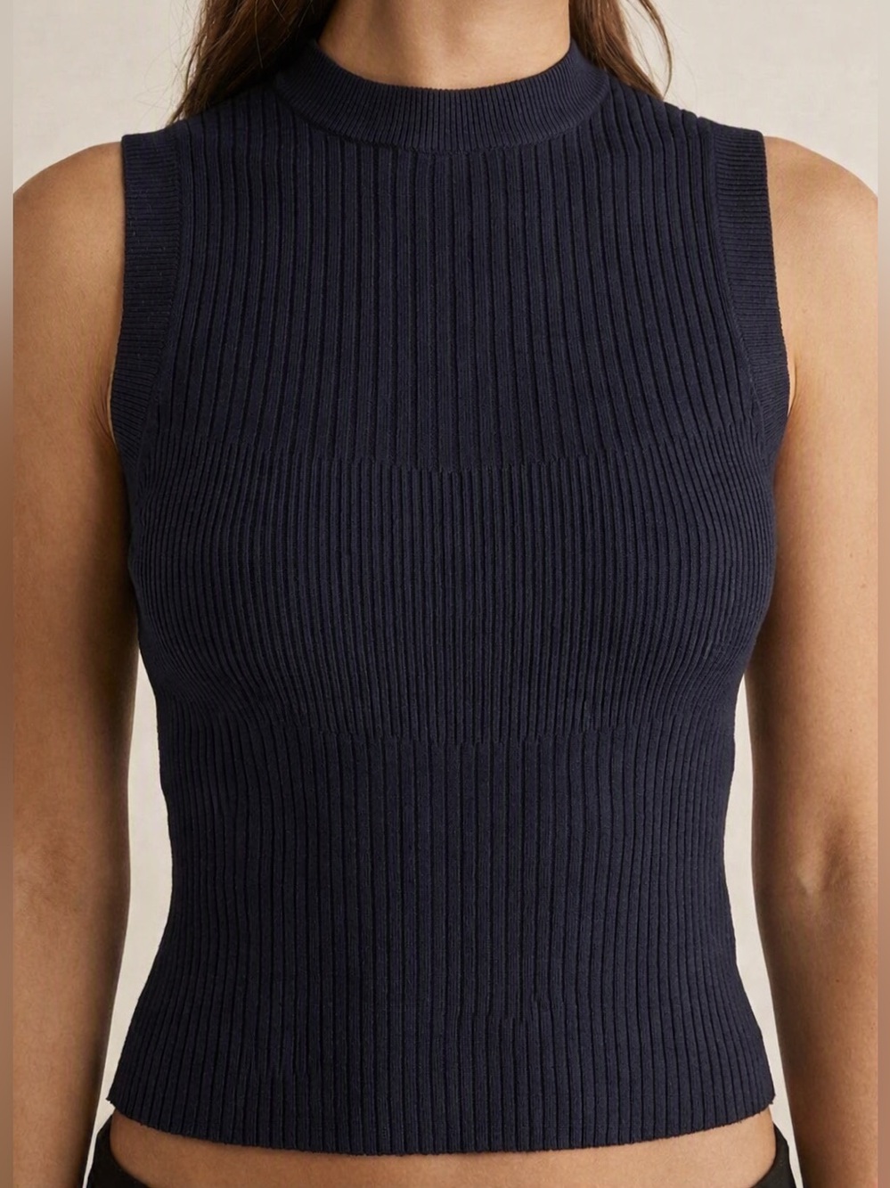 Dynamite Ribbed Mock Neck Tank Top – Navy, Size Small